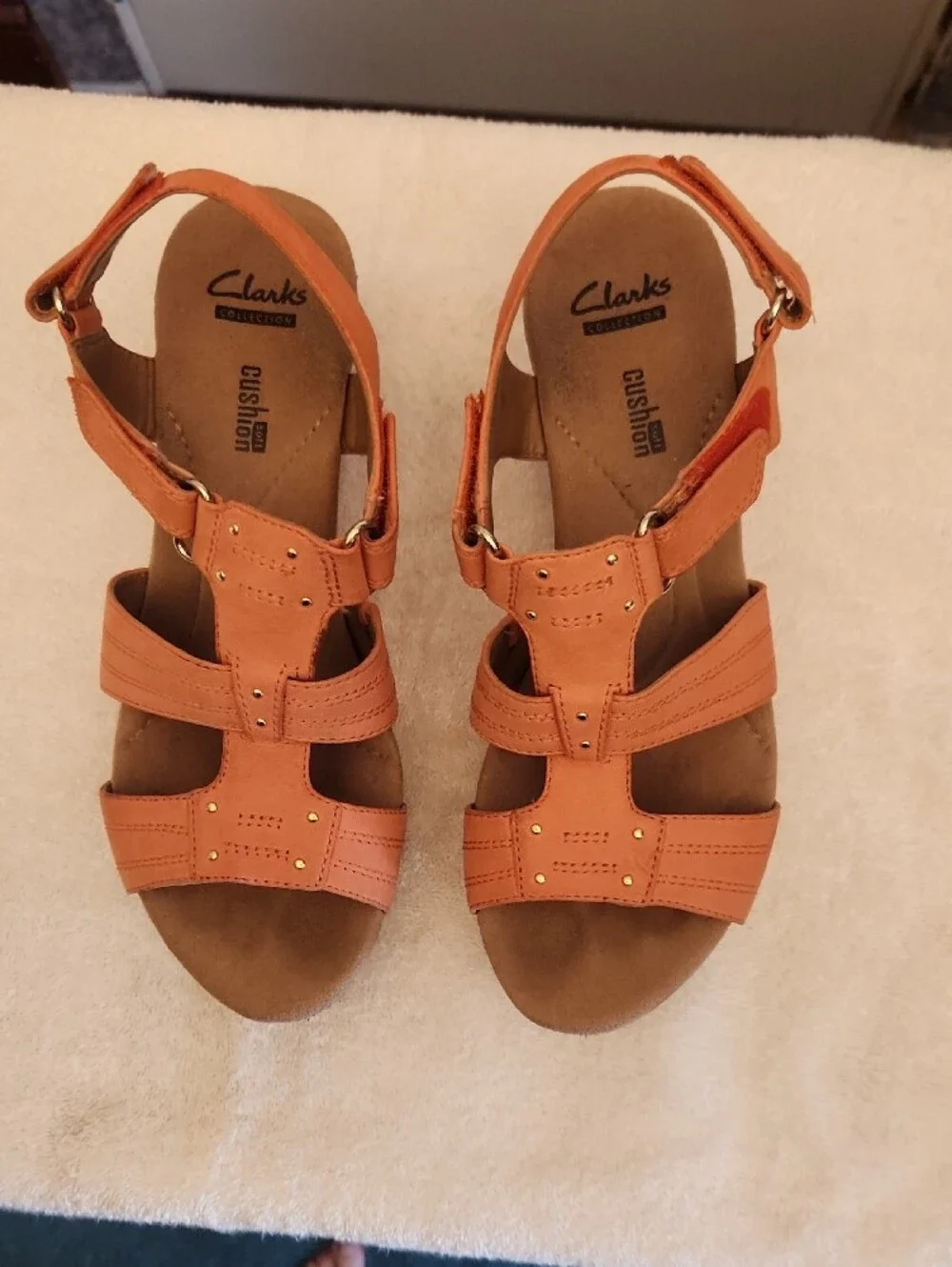 Clarks Women's Orange Cork Wedge Sandals, size 7.5